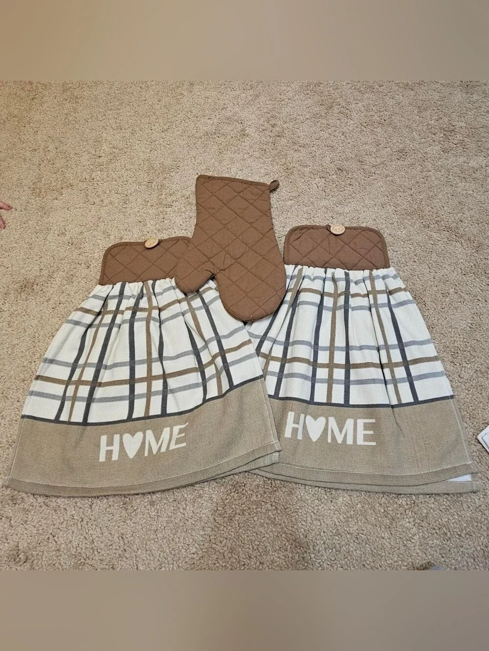 2 Handcrafted Potholders Attached To Towels | Brown, Tan, White, Grey | Home
